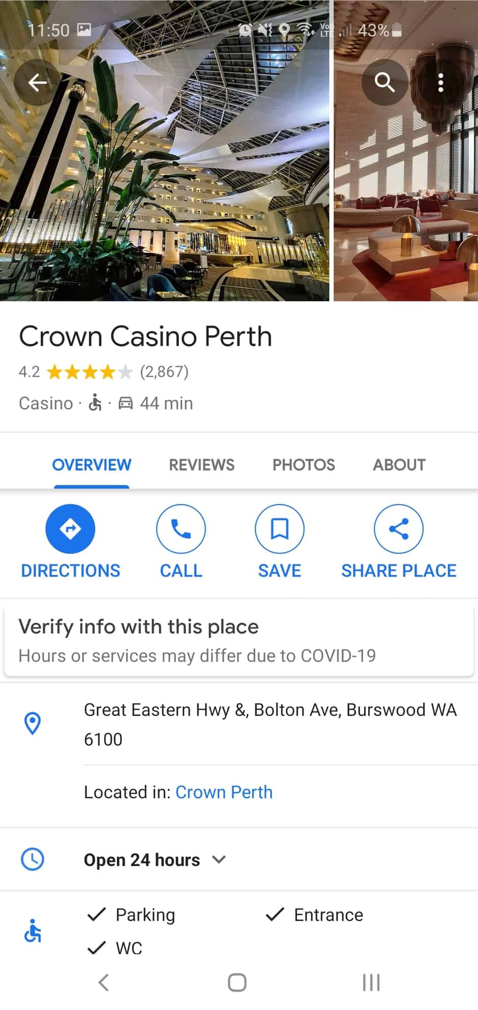 Example of a business listing showing accessible parking, entrance and toilets.