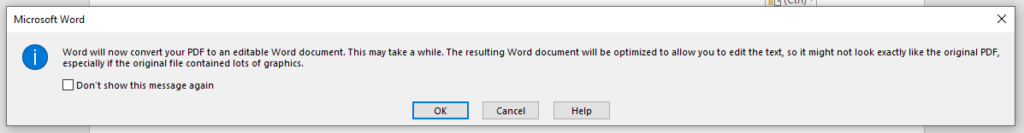 Open PDF in Word dialogue